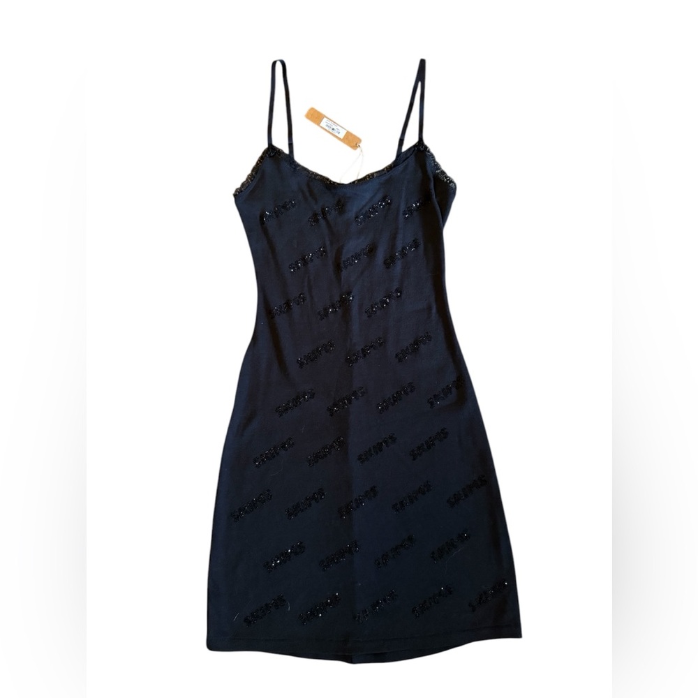 Skims Rhinestone Logo Pointelle Mini Slip Dress Small Onyx